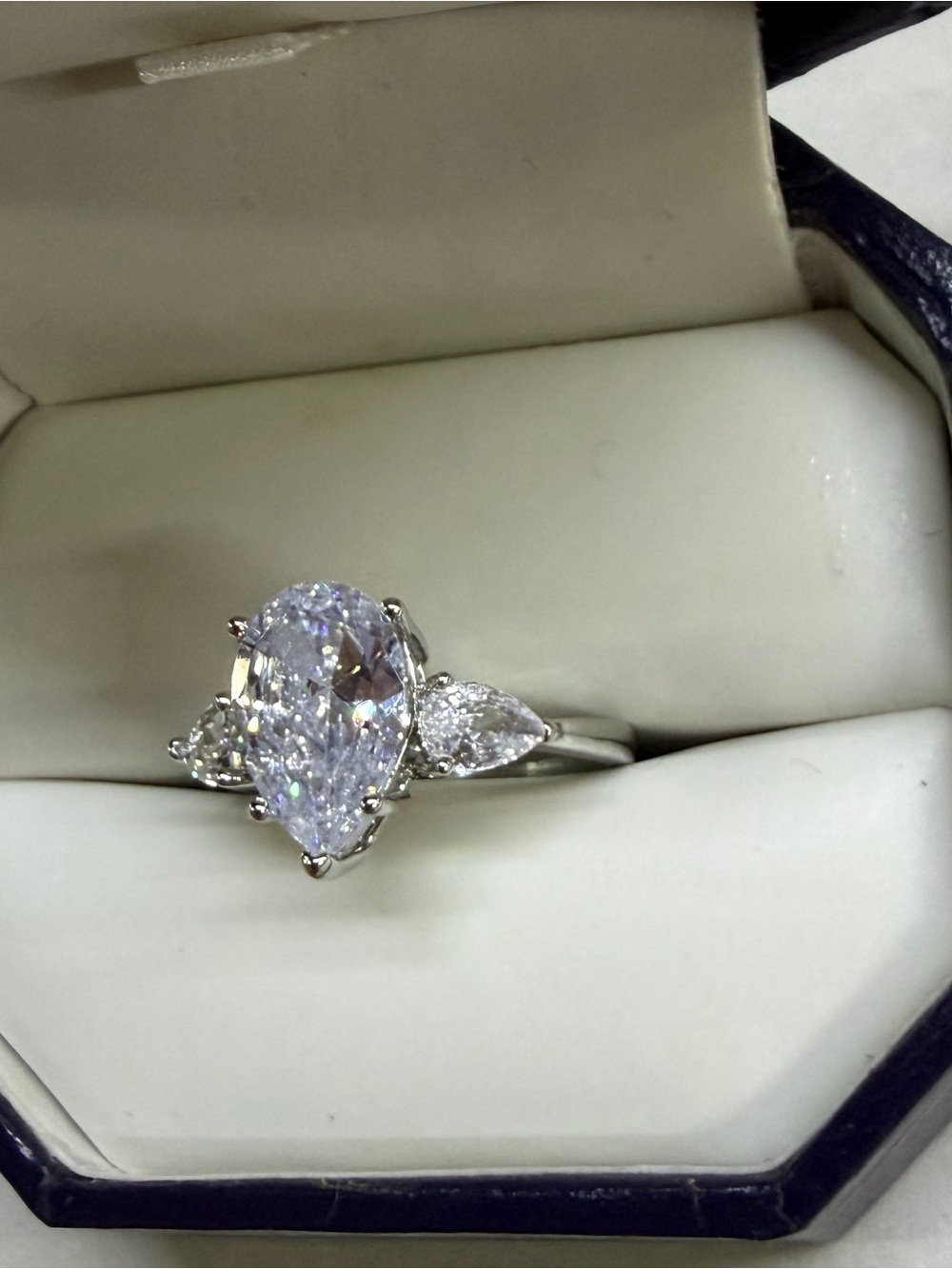 Pear-Shaped White Cubic Zirconia Three-Stone Ring in Silver Tone - Picture 3 of 4